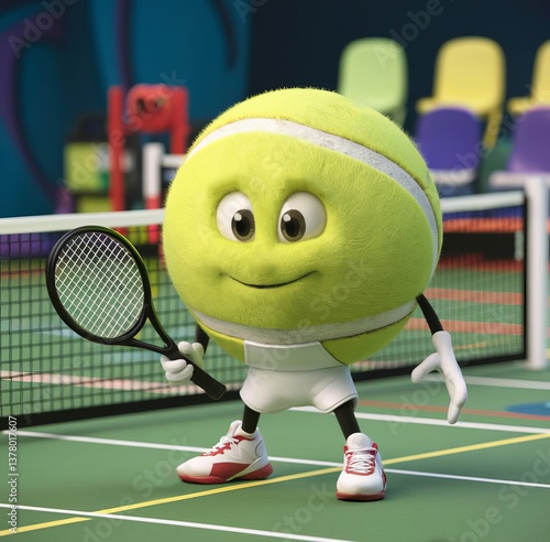 Tennis ball with arms, legs and face, holding a tennis racket while standing on the court. 3d illustration of sports cartoon character