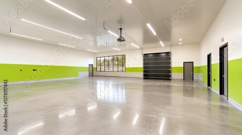 Modern Empty Warehouse Interior with Bright Green Accents and Windows