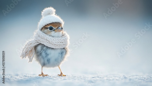 Cute bird in winter hat and scarf on snowy ground.  Possible use Greeting card, social media post photo