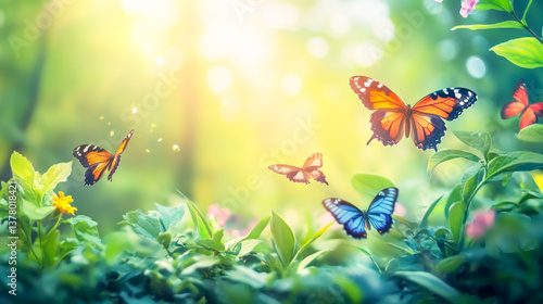 Wallpaper Mural Enchanting Spring Background with Butterflies Fluttering Among Lush Forest Plants Torontodigital.ca