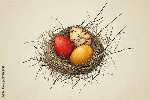 Vector illustration of Easter nest with decorated eggs in rustic style on beige background with copyspace for seasonal branding or product presentation