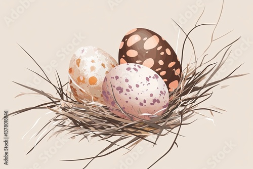 Vector illustration of Easter nest with decorated eggs in rustic style on beige background with copyspace for seasonal branding or product presentation