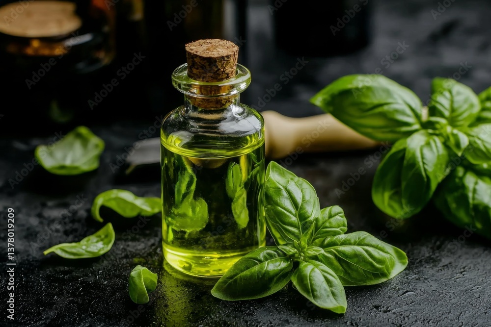 Fresh basil leaves enhance the visual appeal of basil essential oil. Fresh basil leaves enhance the visual appeal of basil essential oil.