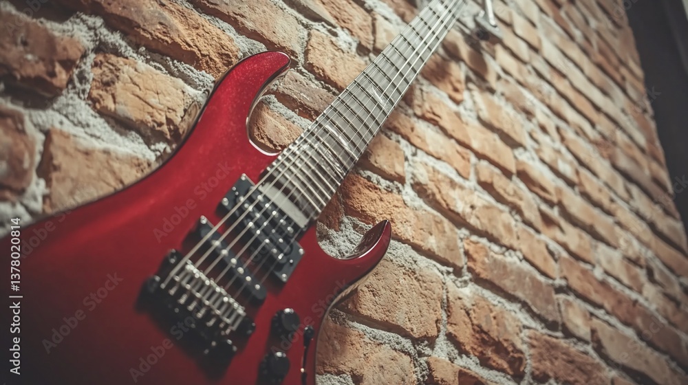Fototapeta premium Red electric guitar hanging on a brick wall