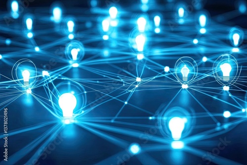 Networked ideas illuminating innovation.  Abstract concept of interconnected minds