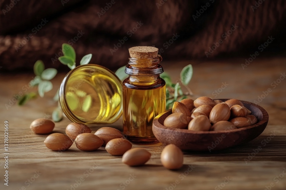 Argan Essential Oil and Nuts on Wooden Table Argan Essential Oil and Nuts on Wooden Table