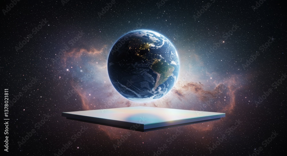 Naklejka premium Earth Hovers Above Platform in Space - A stunning of planet Earth seemingly floating above a platform in the vast expanse of space, surrounded by nebulae and stars