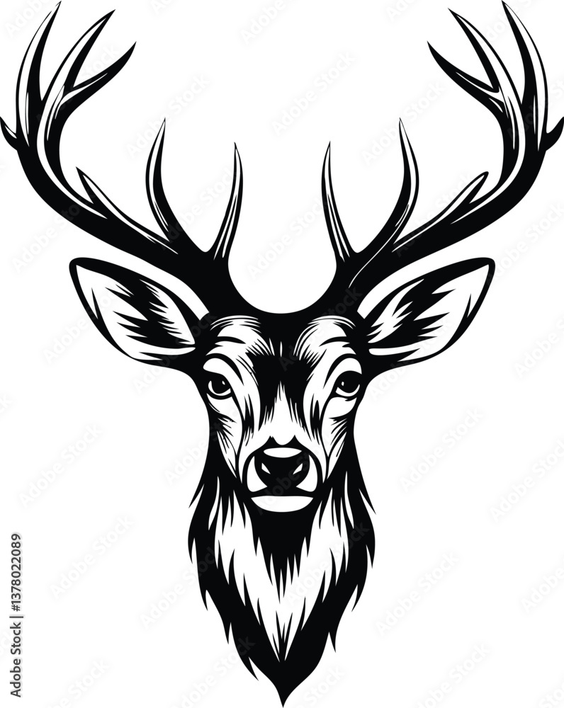 Naklejka premium Majestic Stag Head, Antlers, Black and White, Wildlife, Nature, Design, Illustration, Graphic, Art, 