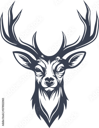 Majestic Deer Head, Antlered, Wild, Nature, Graphic, Vintage, Monochrome, Illustration, Design, Symb