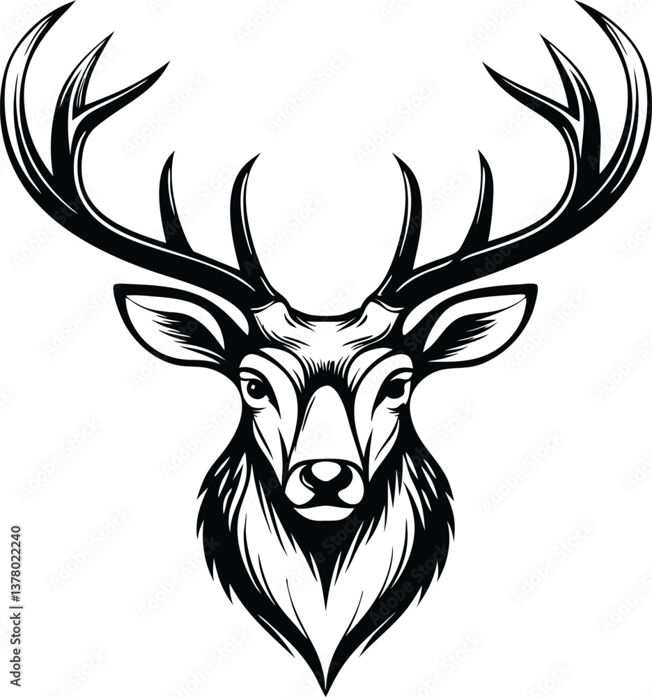 Naklejka premium Majestic Stag Head, Antlers, Black and White, Wildlife, Nature, Graphic Design, Hunting, Emblem, Log