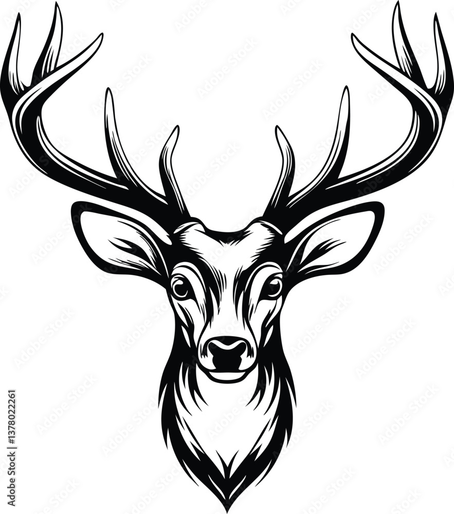 Naklejka premium Majestic Stag Head Antlers, Wildlife, Nature, Black, White, Illustration, Graphic, Design, Art, Symb