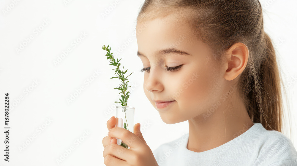Young girl observing a plant in test tube indoor portrait bright environment nature exploration Young girl observing a plant in test tube indoor portrait bright environment nature exploration