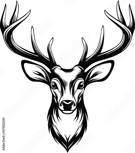 Majestic Stag Head Antlers, Wildlife, Nature, Black, White, Illustration, Graphic, Design, Art, Symb