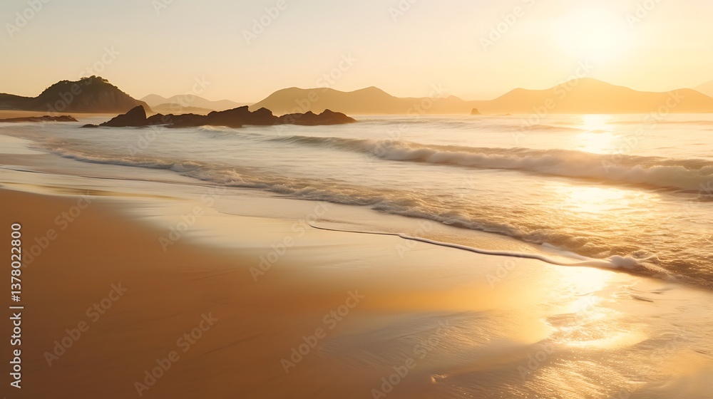 Obraz premium Golden Sunrise Over Coastal Mountains And Beach
