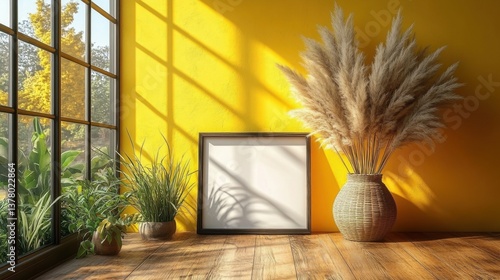 Modern interior with soft sunlight casting shadows on a yellow wall, featuring a blank frame on a wooden table and pampas grass in a vase.
