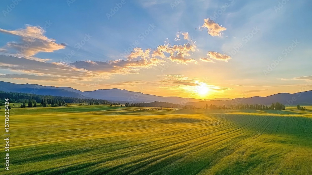 Obraz premium Serene Sunset Over Lush Green Fields and Rolling Hills Under Vibrant Sky Colors