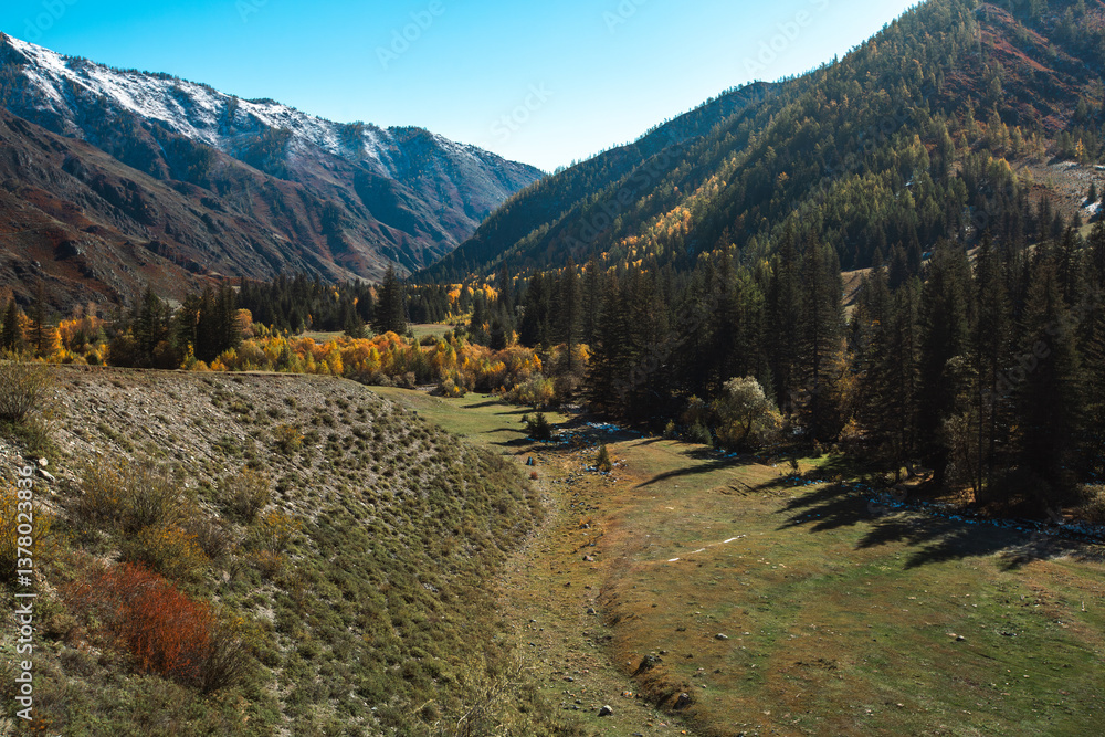 A rugged mountain landscape in the Altai Republic, Russia, with dramatic and untamed nature.