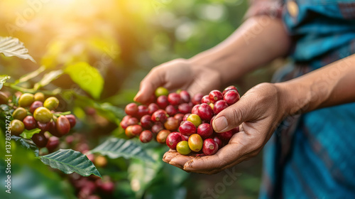 Fototapeta Naklejka Na Ścianę i Meble -  Coffee harvesting action in lush fields nature photography close-up shot vibrant environment fresh coffee beans