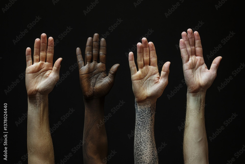 Hands of different people raised up on black background, Generative AI Hands of different people raised up on black background, Generative AI