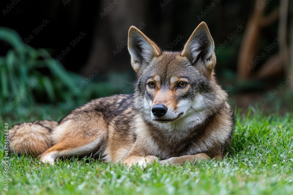 Fototapeta premium Brazilian Bush Dog Resting on Grass: Wild Mammal in Nature