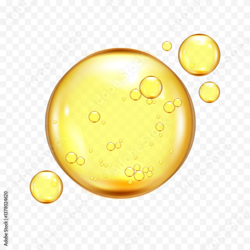 Yellow oil drops, vitamin C , E bubbles, gold collagen, serum bubbles, squalane cream drops vector illustration on transparent background