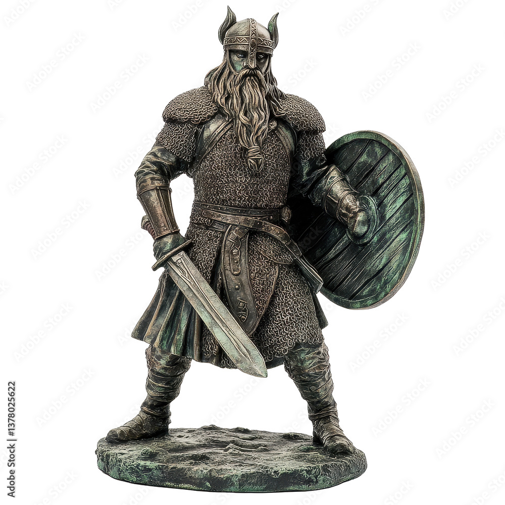 Fototapeta premium Viking warrior statue in battle stance showcasing strength and valor, Viking Warrior Statue in Battle Stance on Transparent background