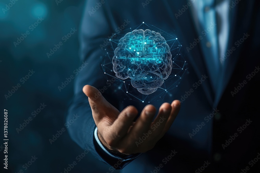 Businessman holding holographic brain, representing AI Businessman holding holographic brain, representing AI