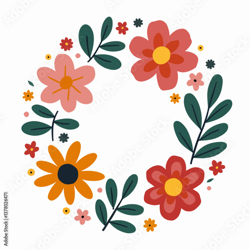 floral background with flowers, Wreath flowers circle Scandinavian style,