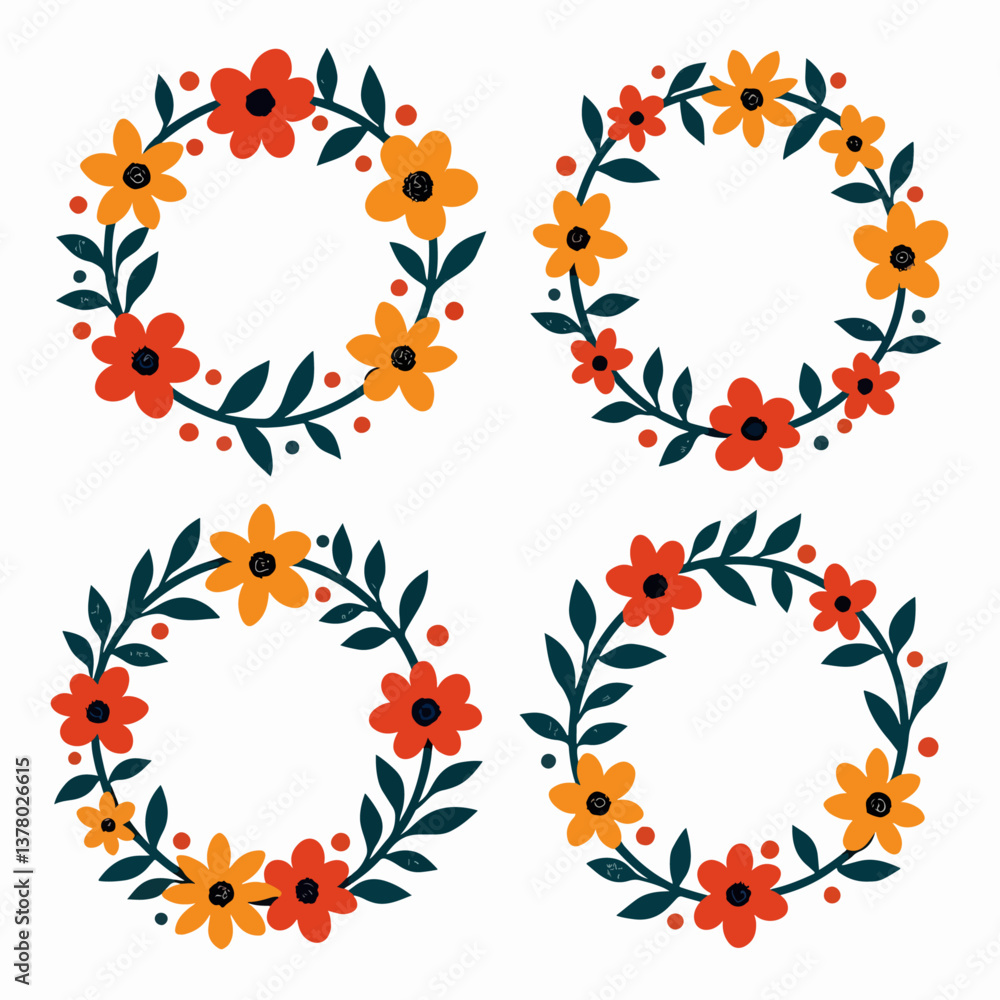 Wreath flowers circle Scandinavian style, Set Round shape frame with cute hand drawn leaves and flowers Wreath flowers circle Scandinavian style, Set Round shape frame with cute hand drawn leaves and flowers