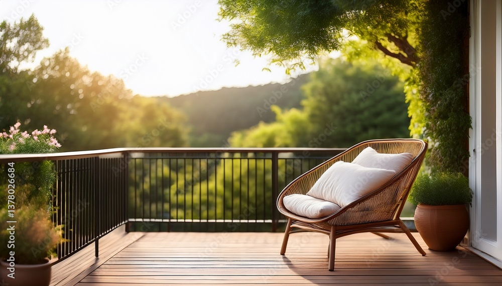 Fototapeta premium serene outdoor patio chair with cozy pillow on balcony offering tranquil ambiance and space for textual content or branding