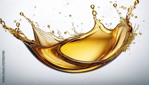a dynamic splash of oil in a circular shape beautifully suspended against a clean white background