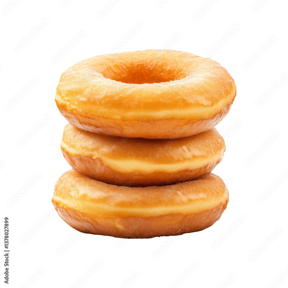 Golden-brown glazed donuts stacked together isolated on white background. Sweet dessert and freshly baked pastry concept Golden-brown glazed donuts stacked together isolated on white background. Sweet dessert and freshly baked pastry concept