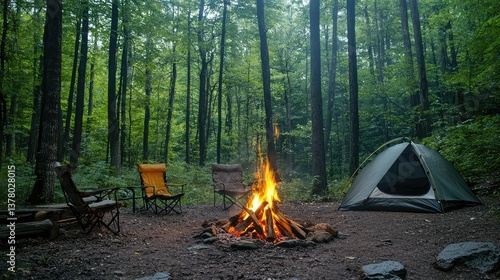 Fototapeta Naklejka Na Ścianę i Meble -  A peaceful forest campsite with a bonfire in the center, firewood burning brightly, and chairs set around the campfire with a tent nearby.