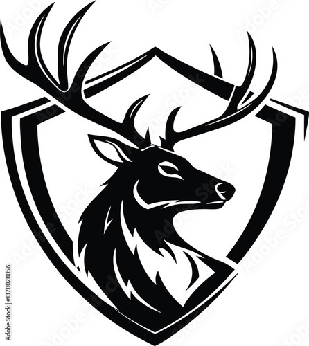 Majestic Stag Head Emblem Shield, Antlers, Black, White, Logo, Design, Hunting, Wildlife