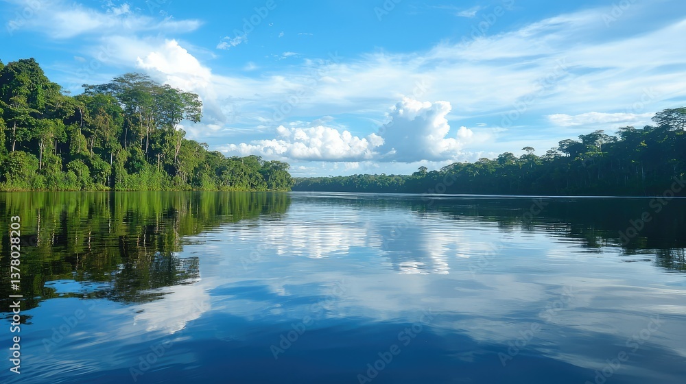 Naklejka premium A peaceful moment on the Amazon River in Anavilhanas National Park, where the water reflects the surrounding forest and sky.