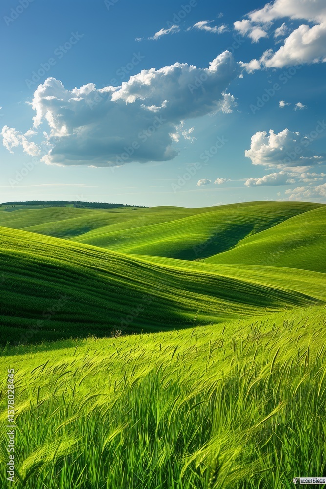 Fototapeta premium Tranquil and Picturesque Rolling Hills Beneath a Bright and Sunny Sky Filled with Fluffy White Clouds