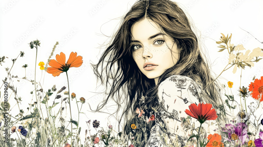 Naklejka premium Portrait of a young woman amidst vibrant wildflowers outdoor setting digital art natural light emotional connection