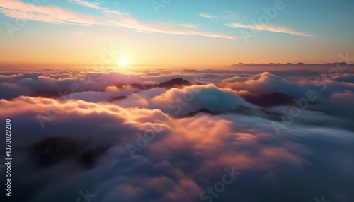 aerial drone view above clouds at sunrise high altitude misty landscape with rolling fog and golden horizon breathtaking cinematic aerial footage capturing the tranquil beauty of sky and clouds in