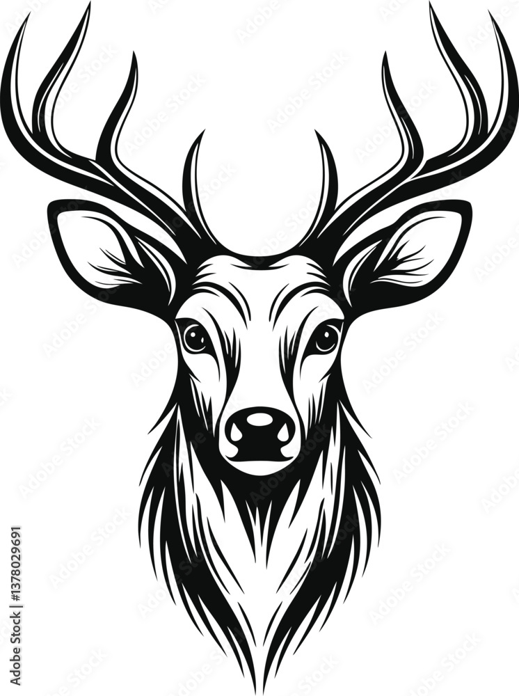 Majestic Deer Head, Antlers, Wildlife, Nature, Black, White, Graphic, Design, Illustration, Art Majestic Deer Head, Antlers, Wildlife, Nature, Black, White, Graphic, Design, Illustration, Art