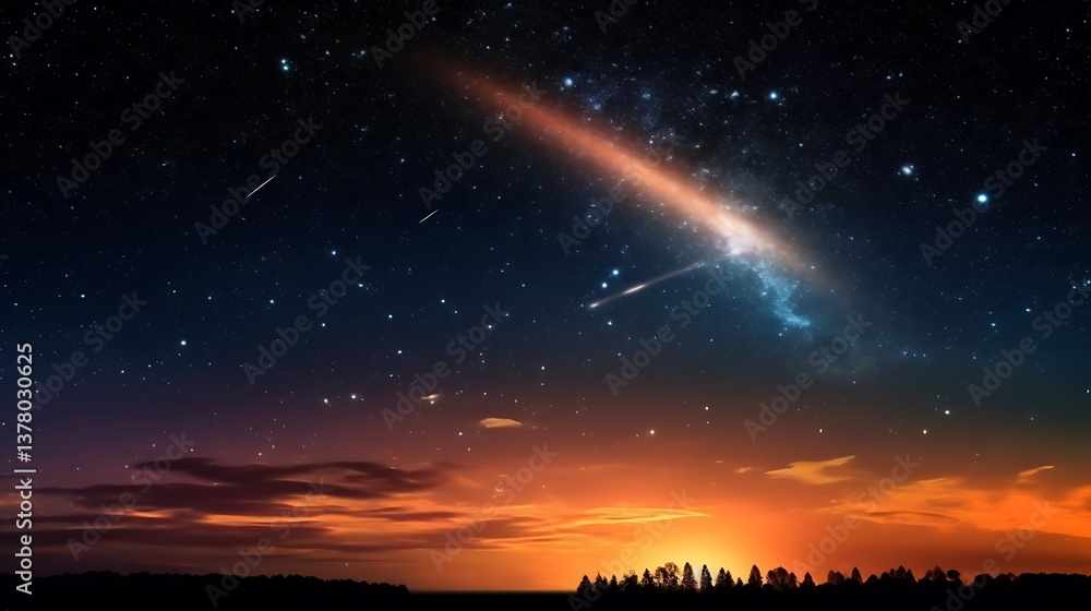 Celestial Sunset With Shooting Stars And Galaxy Celestial Sunset With Shooting Stars And Galaxy