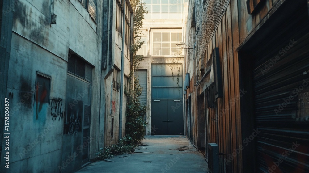Fototapeta premium Urban Alleyway Graffitied Walls Secret Door