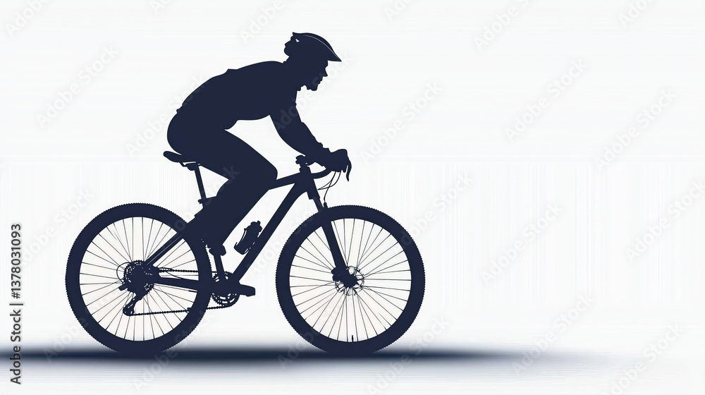 Obraz premium cyclist rides mountain bike in dynamic silhouette against light background, showcasing movement and energy