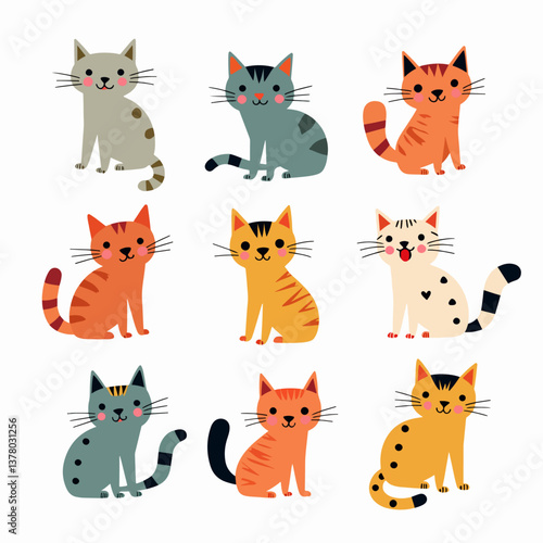 Set of funny cats, Hand drawn cute cat. Animal cartoon portraits for kids and baby clothes, stationery, posters. Scandinavian style vector illustration