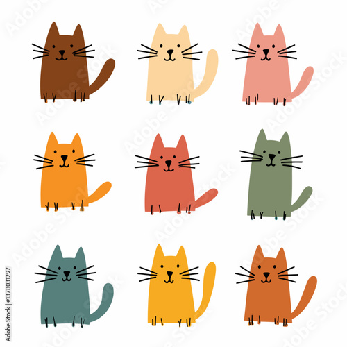 Set of funny cats, Hand drawn cute cat. Animal cartoon portraits for kids and baby clothes, stationery, posters. Scandinavian style vector illustration