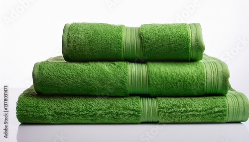 stack of green towels on white background isolated