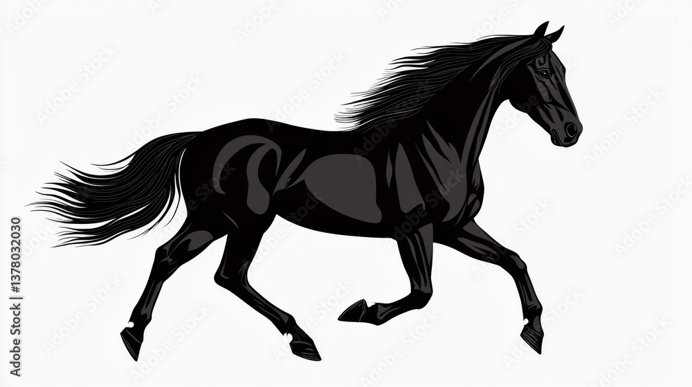 majestic black horse gallops gracefully, showcasing its powerful physique and flowing mane against clean white background majestic black horse gallops gracefully, showcasing its powerful physique and flowing mane against clean white background