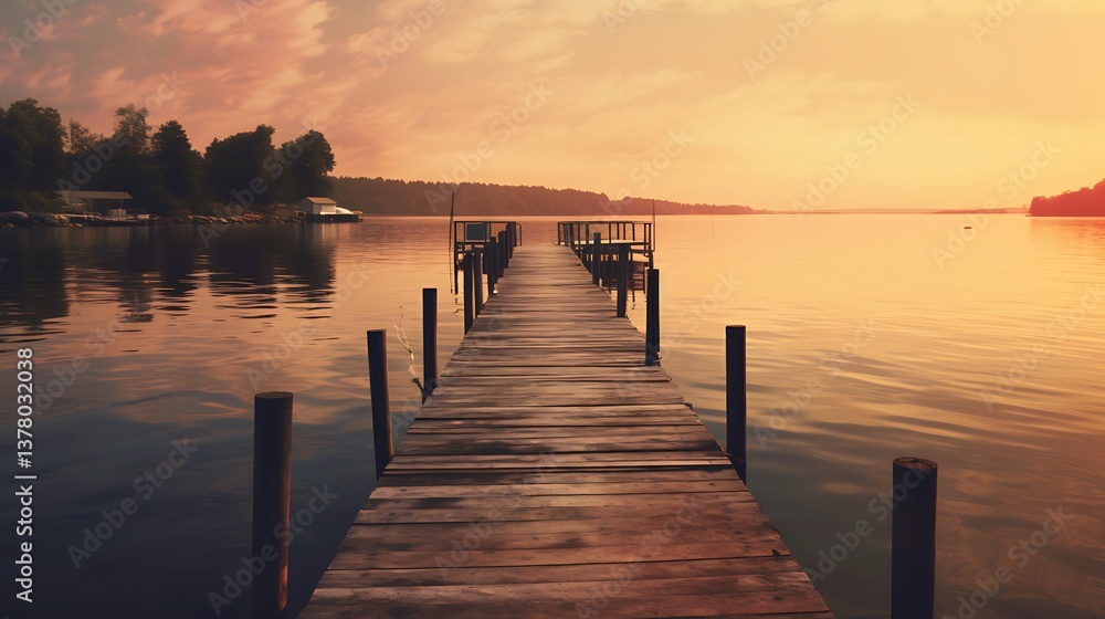 Wooden Dock Extending Into Calm Sunset Lake Wooden Dock Extending Into Calm Sunset Lake