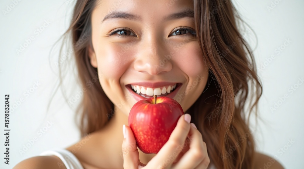 Beautiful woman biting a red apple, studio shot with minimal background Beautiful woman biting a red apple, studio shot with minimal background