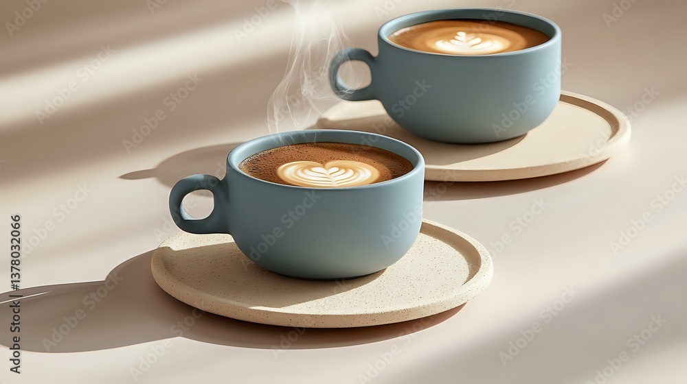 Two mint blue ceramic cups with heart latte art on wooden saucers casting diagonal shadows, steam rising in soft morning light. Minimalist coffee composition.
