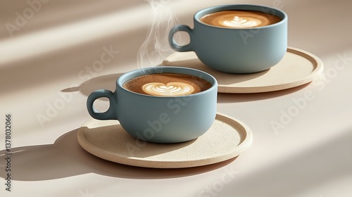 Obraz na płótnie Two mint blue ceramic cups with heart latte art on wooden saucers casting diagonal shadows, steam rising in soft morning light. Minimalist coffee composition. w salonie